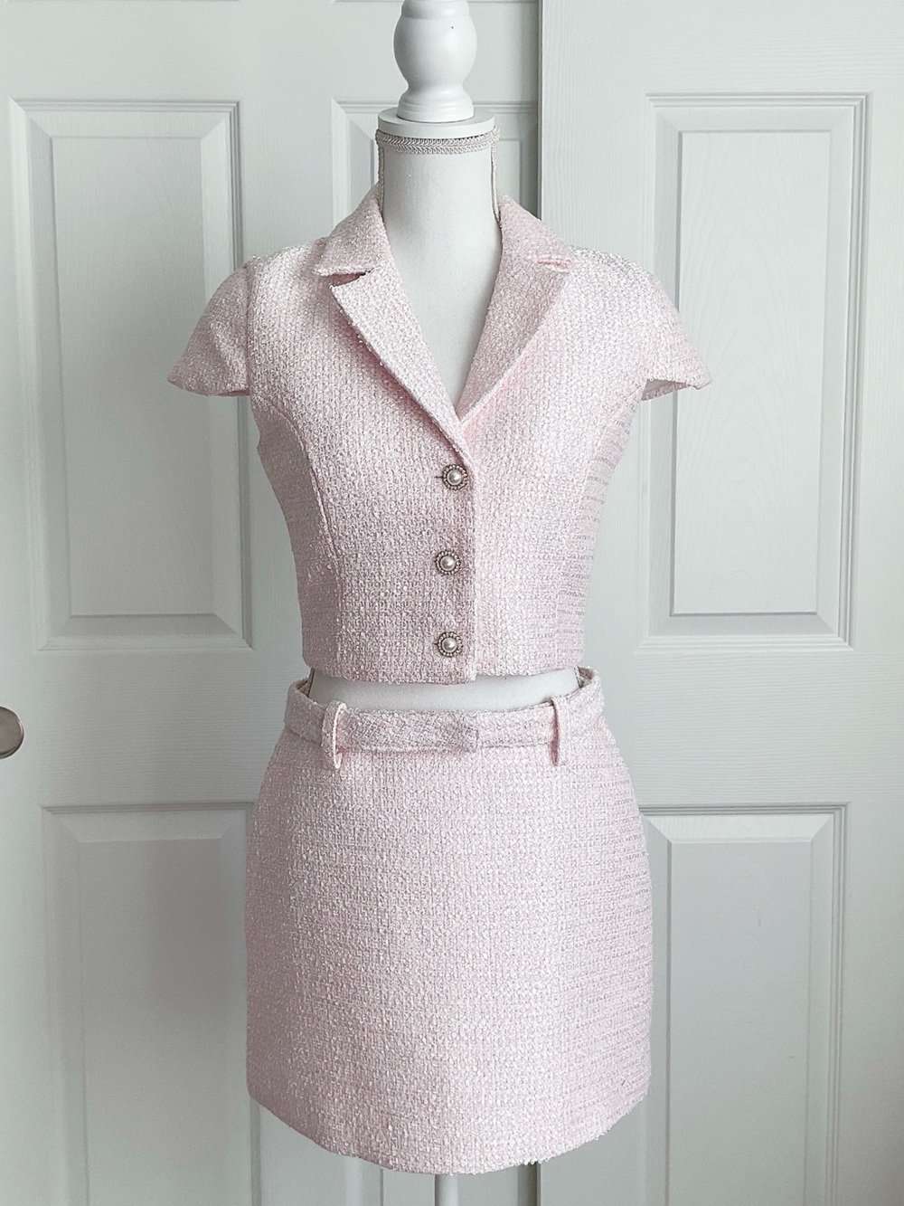 NWT Meshki Mercer Tweed Top & Skirt Set in Fairy Floss Pink